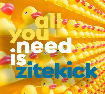 Masser af gule badeænder på en hylde med teksten 'All you need is Zitekick'