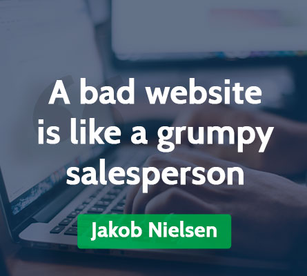 Laptop med citat af Jakob Nielsen: 'A bad website is like a grumpy salesperson'